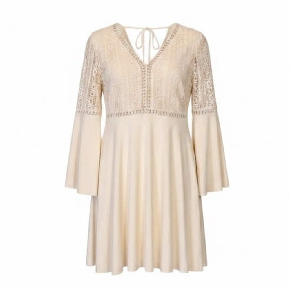 Beyond the Radar Dress Womens Large Cream Crochet Lace Bell Sleeve Boho Romantic